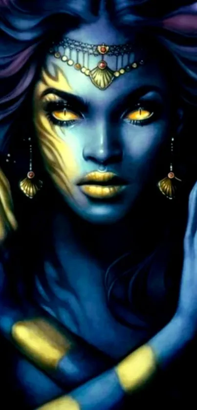 Mystical woman in blue with gold accents on a mobile wallpaper.