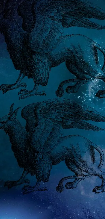 Mystical blue gryphon under night sky.