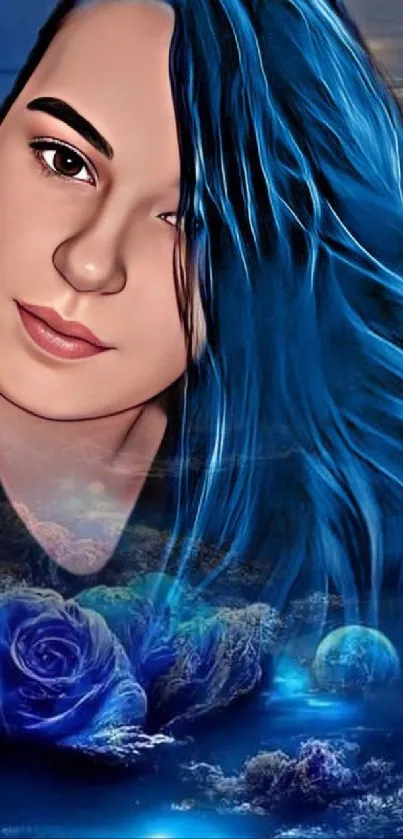 Fantasy portrait with blue hair and roses under a moonlit sky.