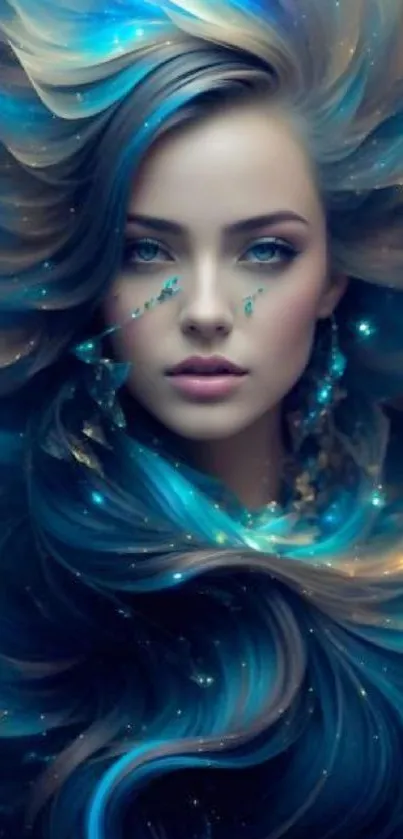 Mystical woman with flowing blue hair and stars on a fantasy wallpaper.