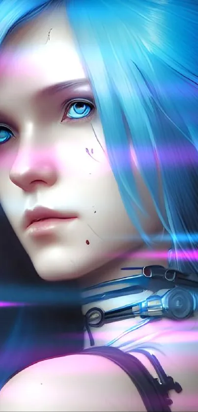 Mystical blue-haired digital character with futuristic elements.