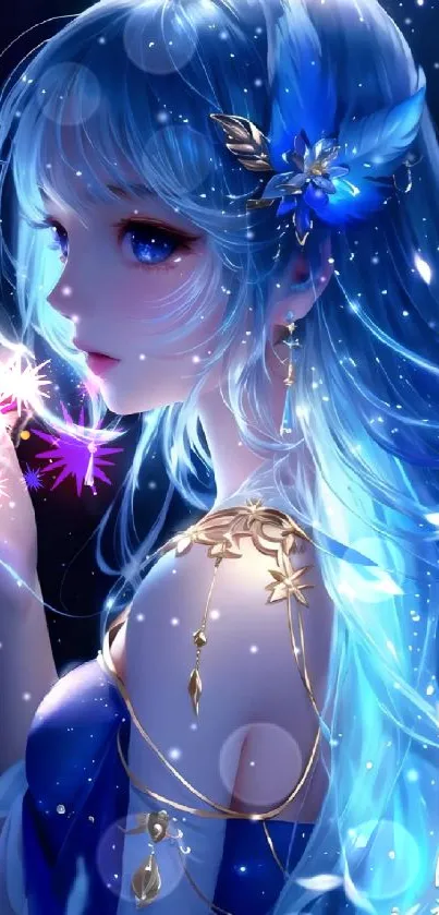 Mystical blue-haired anime girl with enchanting details.