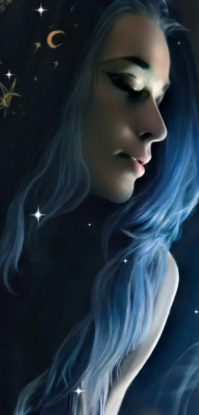 Blue-haired figure in mystical, celestial-themed wallpaper.