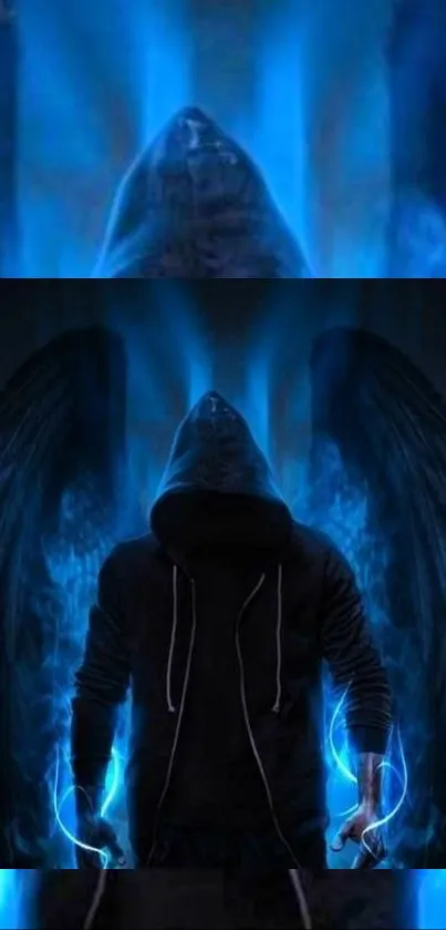 Mystical hooded figure with blue wings against a dark background.