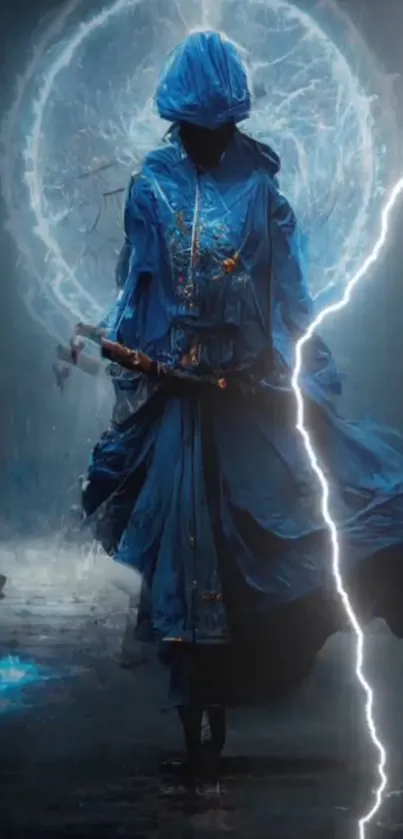 Mystical blue hooded figure stands amidst lightning.