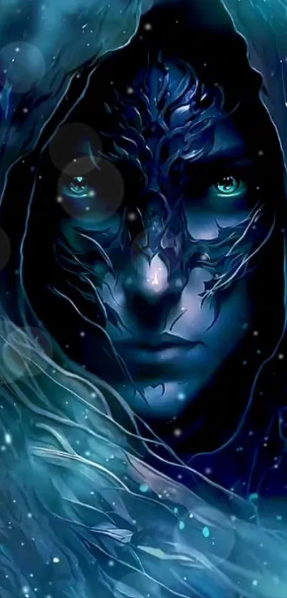 Enchanting blue hooded figure with mystical aura in digital art.