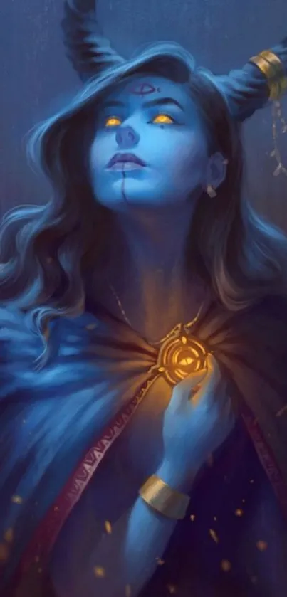 Mystical blue-skinned horned goddess artwork with golden eyes and intricate details.