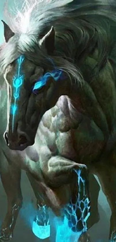 Mystical horse with glowing blue markings in fantasy art wallpaper.