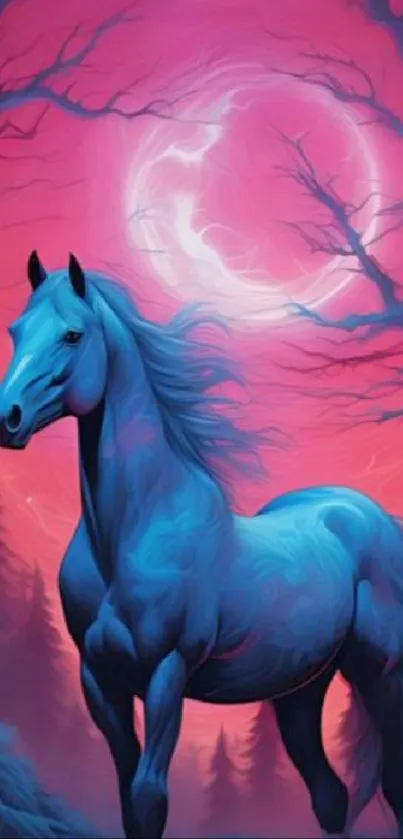 Mystical blue horse in pink night sky fantasy art.