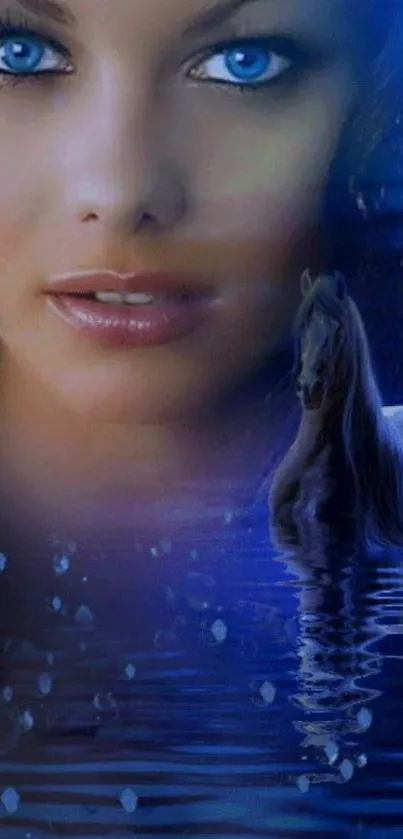 Mystical woman with blue eyes and horse reflection in moonlit water.