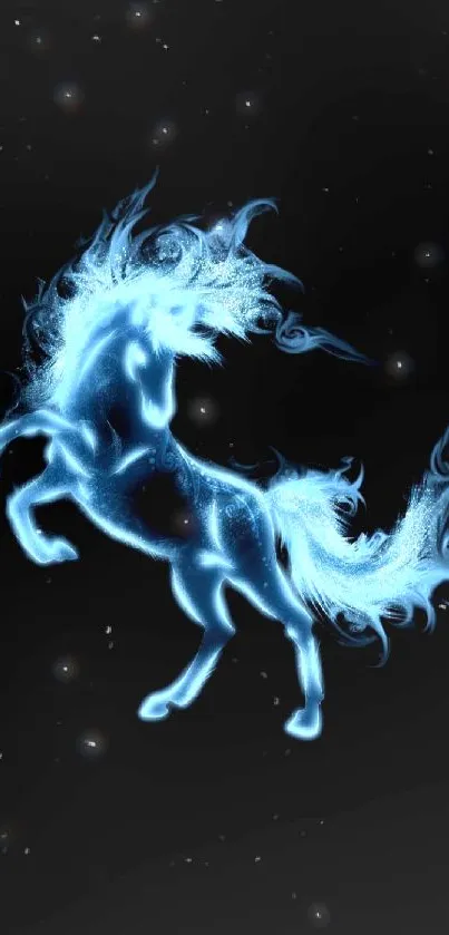 Glowing blue mystical horse on black background.