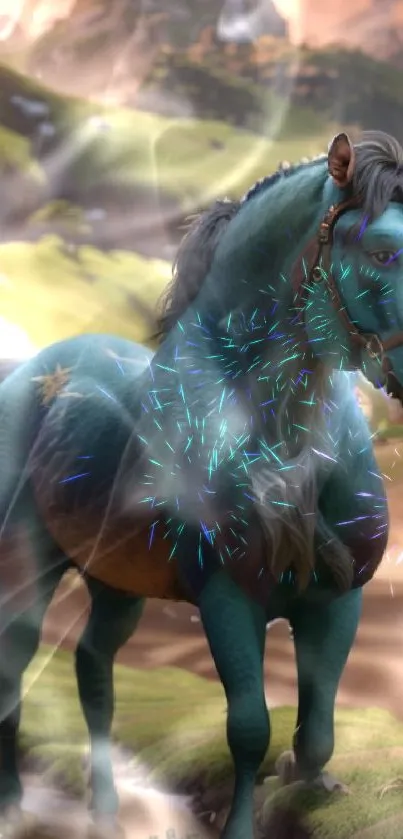 Mystical blue horse with sparkles in a fantasy setting.