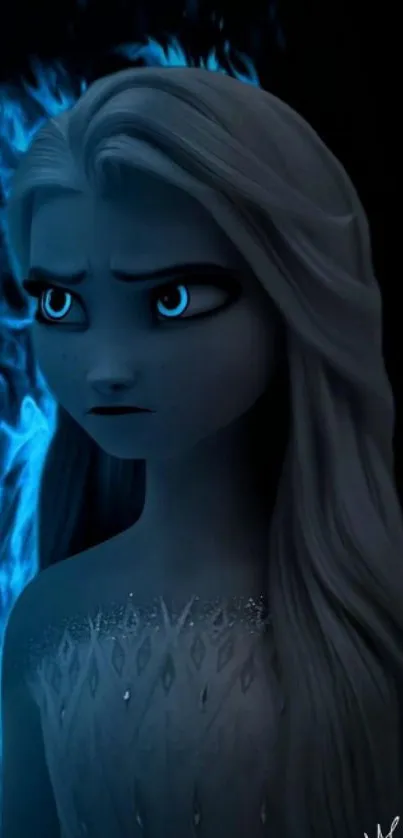 A mystical ice queen in icy blue hues with a dark background.