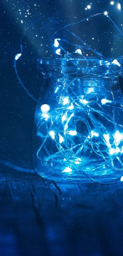 Mystical blue jar with glowing lights under a starry night sky.