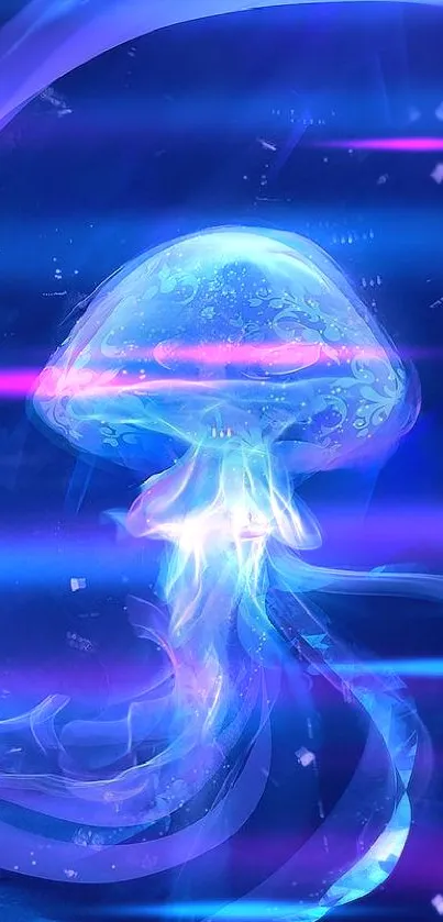 Mystical glowing blue jellyfish mobile wallpaper with ethereal ocean design.