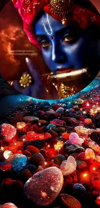 Vibrant Krishna portrait with colorful stones.