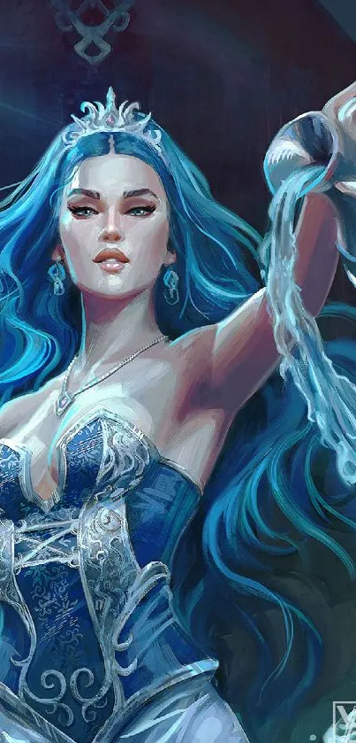 Enchanting blue-haired lady in mystical fantasy art with glowing staff.