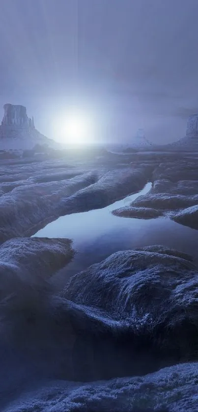 Mystical blue landscape with dramatic rocks at twilight.
