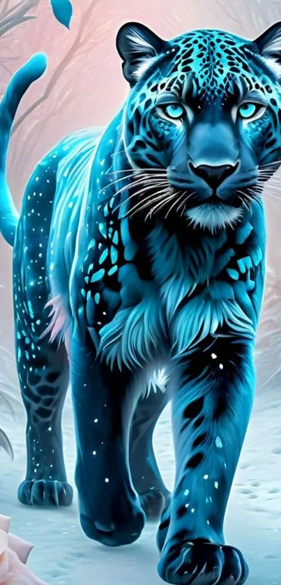 Mystical blue leopard in snowy landscape.