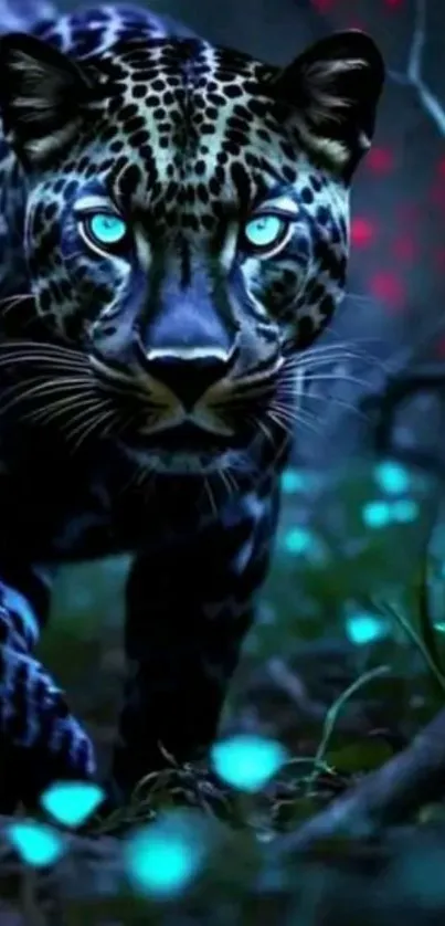 Mystical blue-eyed leopard in neon forest wallpaper.