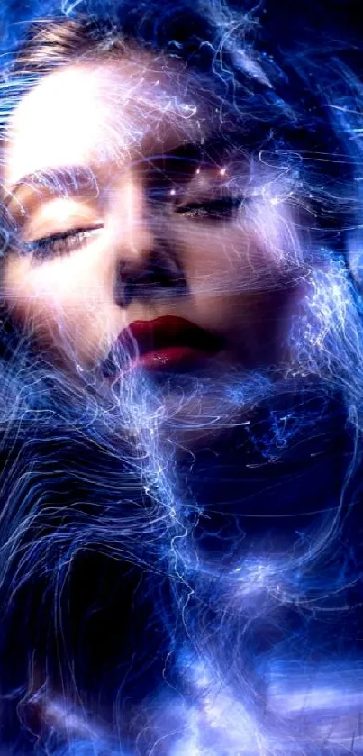 A mystical blue light portrait of a woman with ethereal swirls and vibrant colors.