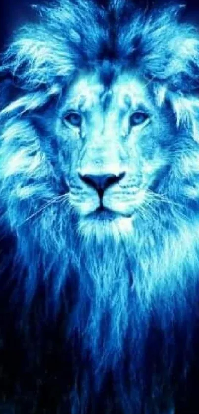 Mystical blue lion with vibrant mane on black background.