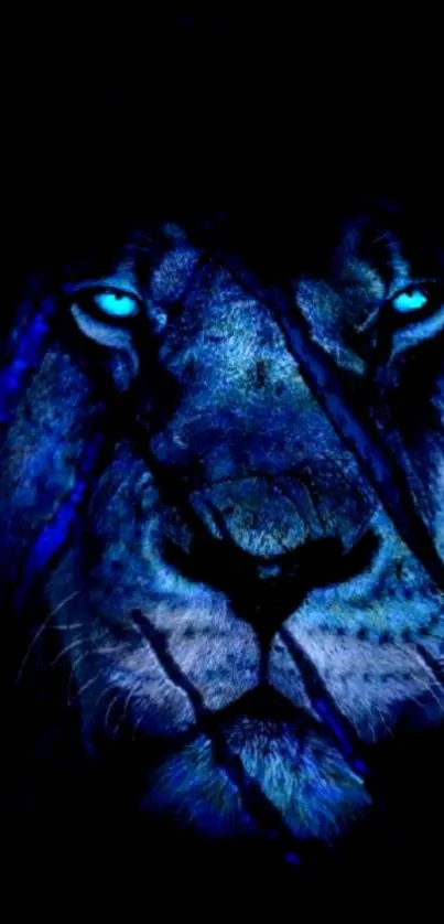 Mystical blue lion with captivating eyes in dark mobile wallpaper.