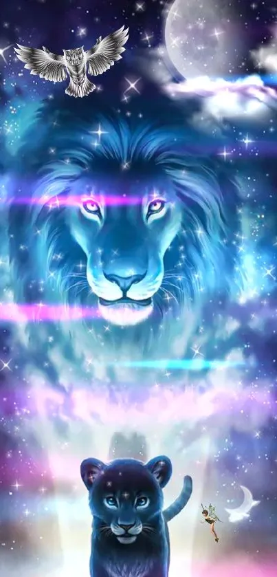 Mystical blue lion in a cosmic night sky with stars and celestial elements.