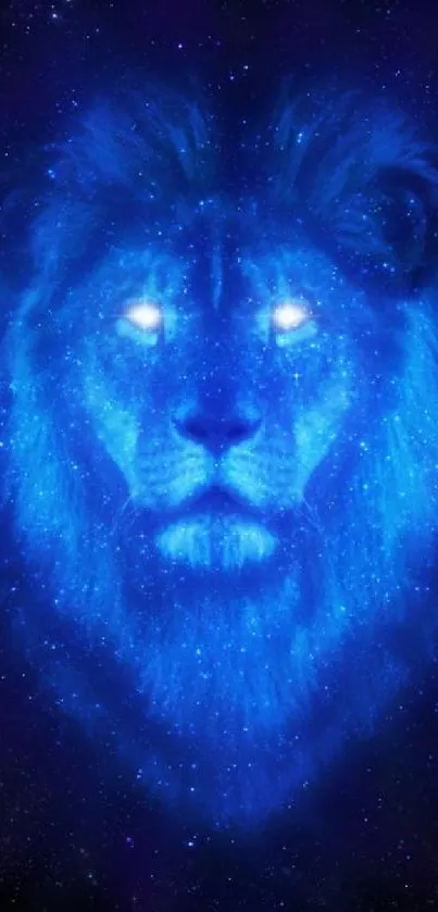 Mystical blue lion glowing in cosmic galaxy on mobile wallpaper.