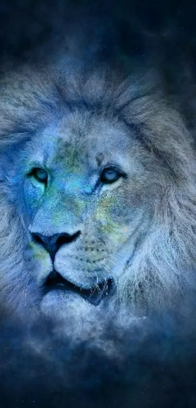 Mystical blue lion in a celestial mist.