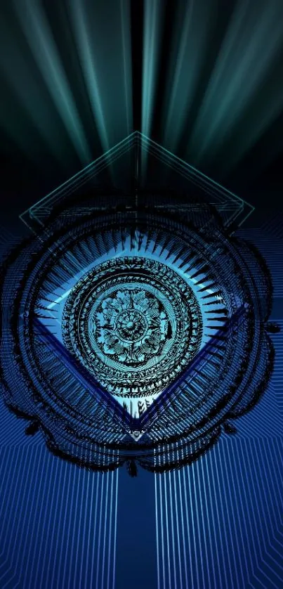 Abstract blue mandala featuring intricate geometric patterns, creating a mystical effect.