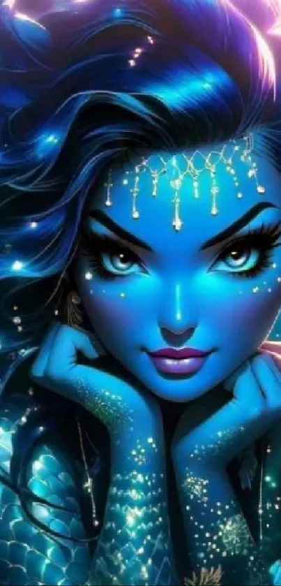 Mystical blue mermaid art with glowing elements.