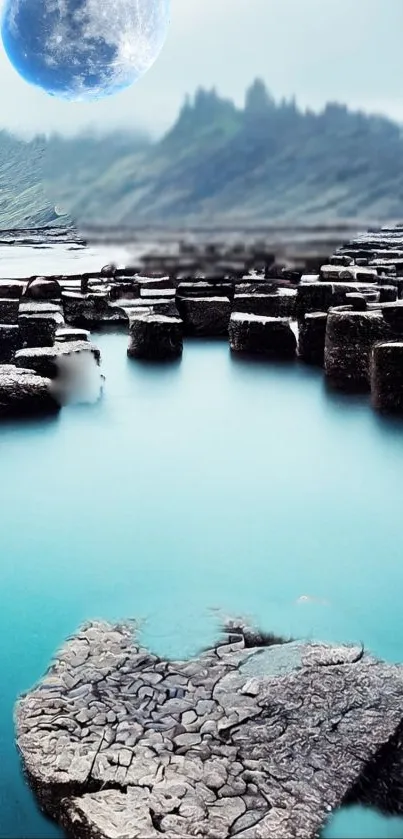 Mystical landscape with blue moon over hexagonal rocks.