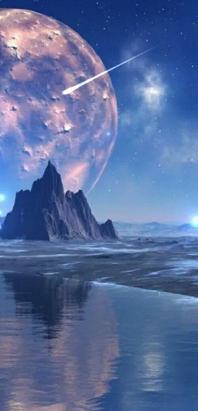 Mystical blue moon landscape with serene reflections under a starlit sky.