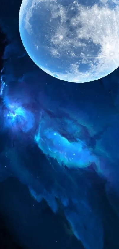 Blue moon and nebula in a starry night sky wallpaper.