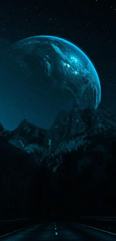 Mystical blue moon over mountain night sky wallpaper.