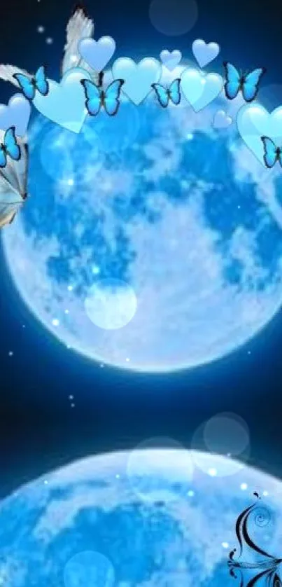 Blue moon with butterflies and hearts wallpaper.