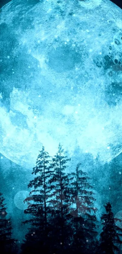 Blue moon over forest silhouette under night sky.