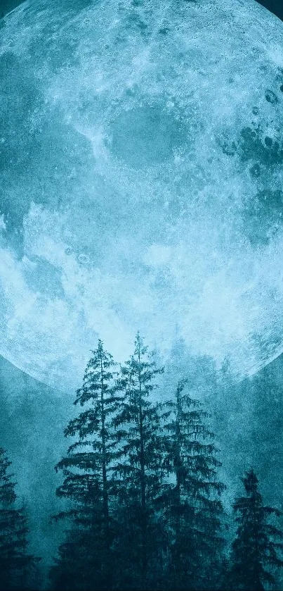 Mystical blue moon with forest silhouette under a starry sky.