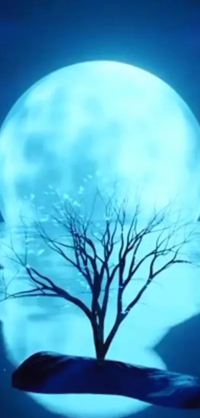 Silhouetted tree with glowing blue moon backdrop, serene and mystical design.