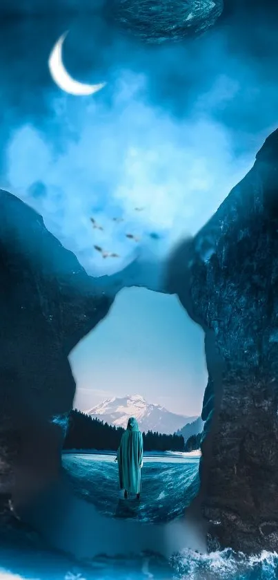 Mystical blue landscape with crescent moon and mountains.