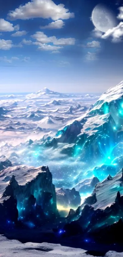 Mystical landscape with snowy mountains and a glowing blue sky.