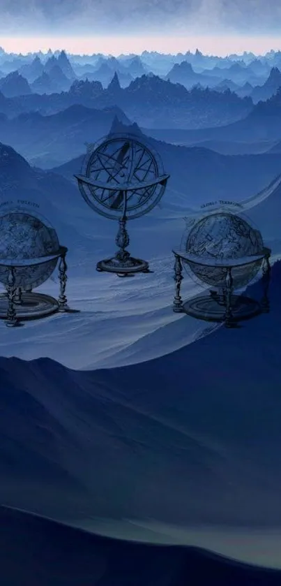 Mystical landscape with blue mountains and celestial globes.