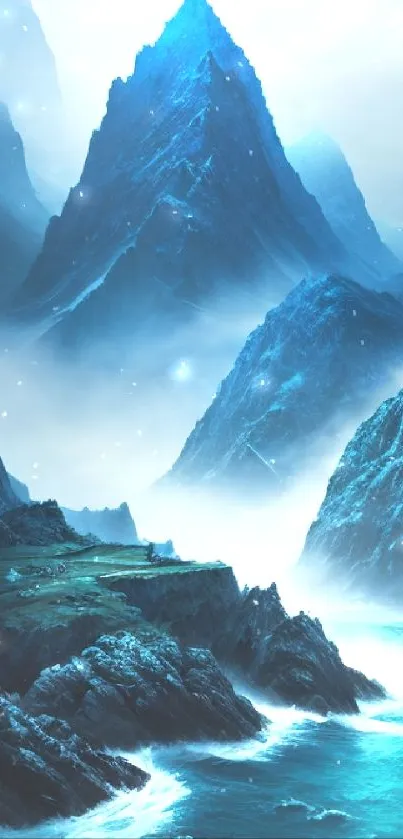 Mystical blue mountainscape with ocean waves.