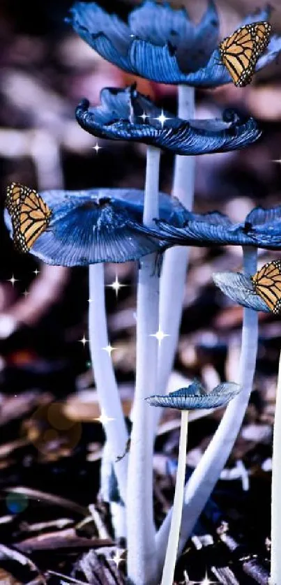 Blue mushrooms with butterflies on forest floor, creating a mystical scene.