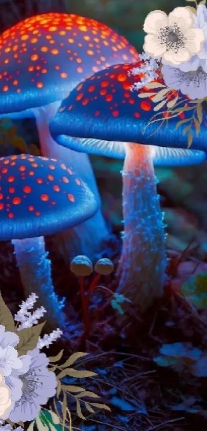 Mystical blue mushrooms with floral accents, glowing softly in the dark forest.