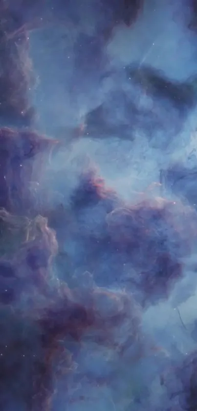 Mystical blue nebula mobile wallpaper with cosmic clouds.