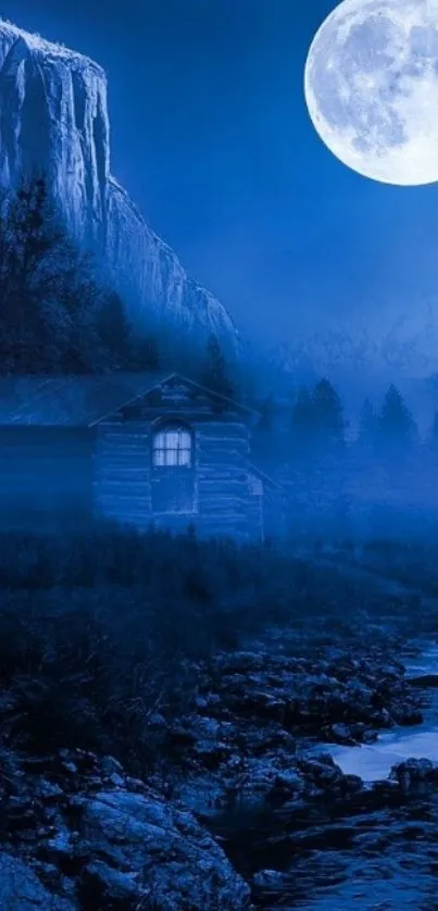 Mystical night scene with full moon, cabin, and river.