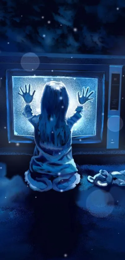 Blue night scene with child and glowing TV, creating a mystical atmosphere.