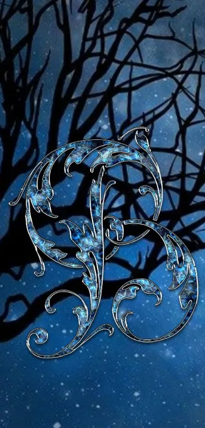 Mystical blue night with ornate letter and silhouette of trees.